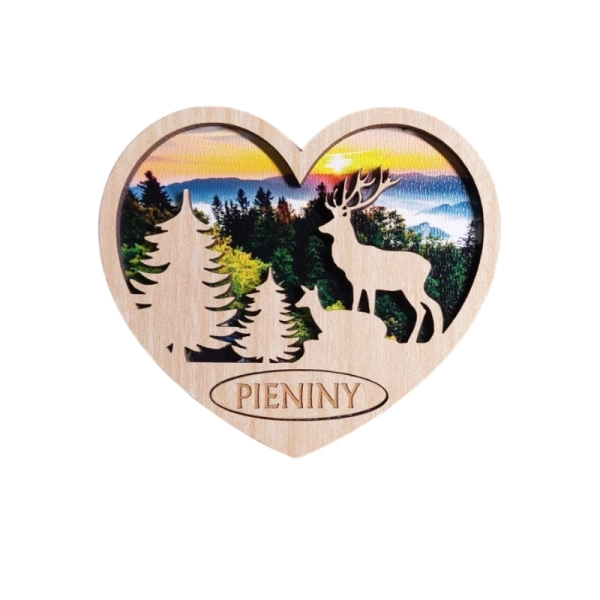 Drewniany magnes 2D serce- Jeleń z sarną